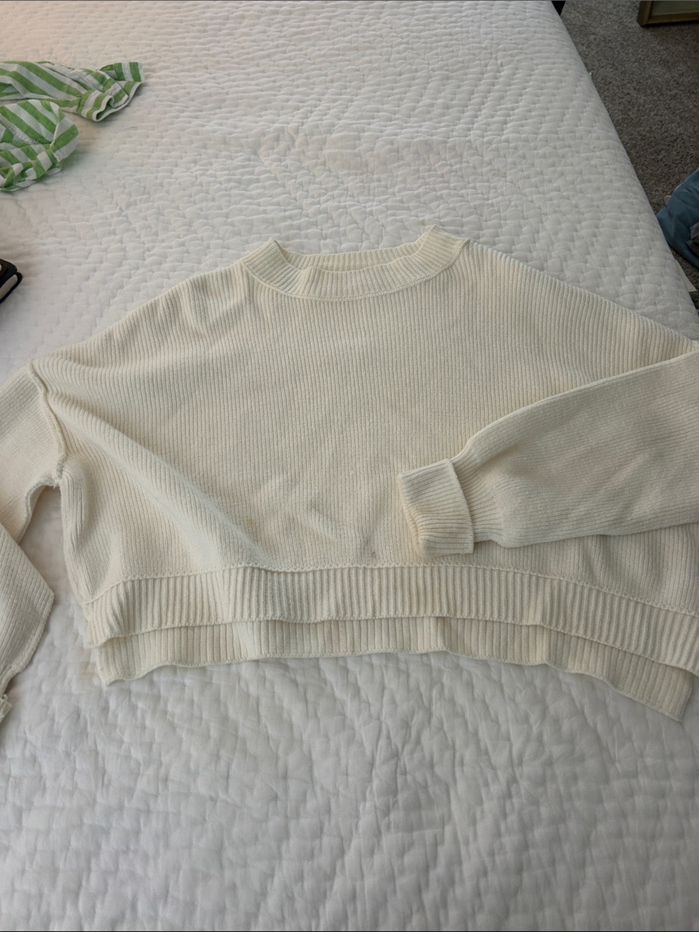 Free People Cream Ribbed Crewneck Sweater